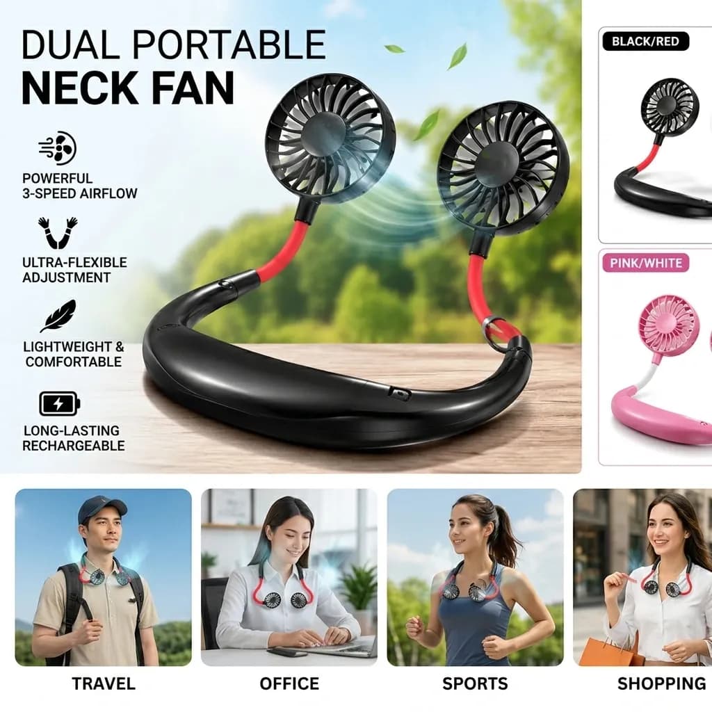 Portable Dual Cooling Neck Fan | Rechargeable Hands-Free Mini Fan for Summer