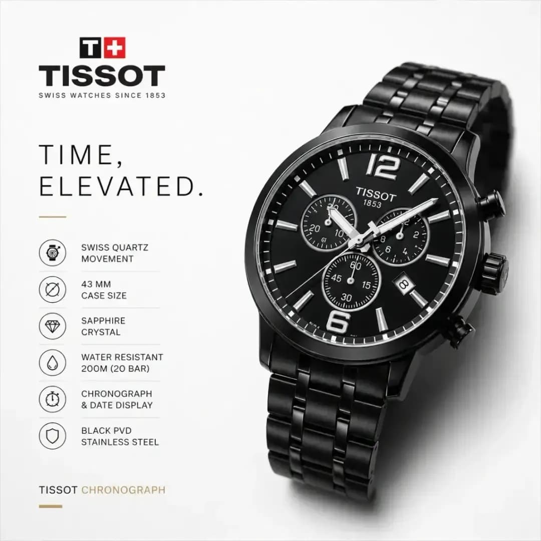 Tissot Premium Chronograph Watch for Men | Swiss Quartz Sapphire Crystal | Black PVD Stainless Steel